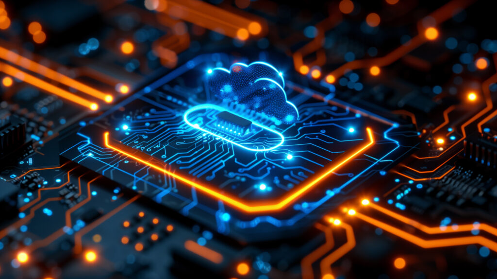 Close up of circuit board with cloud computin